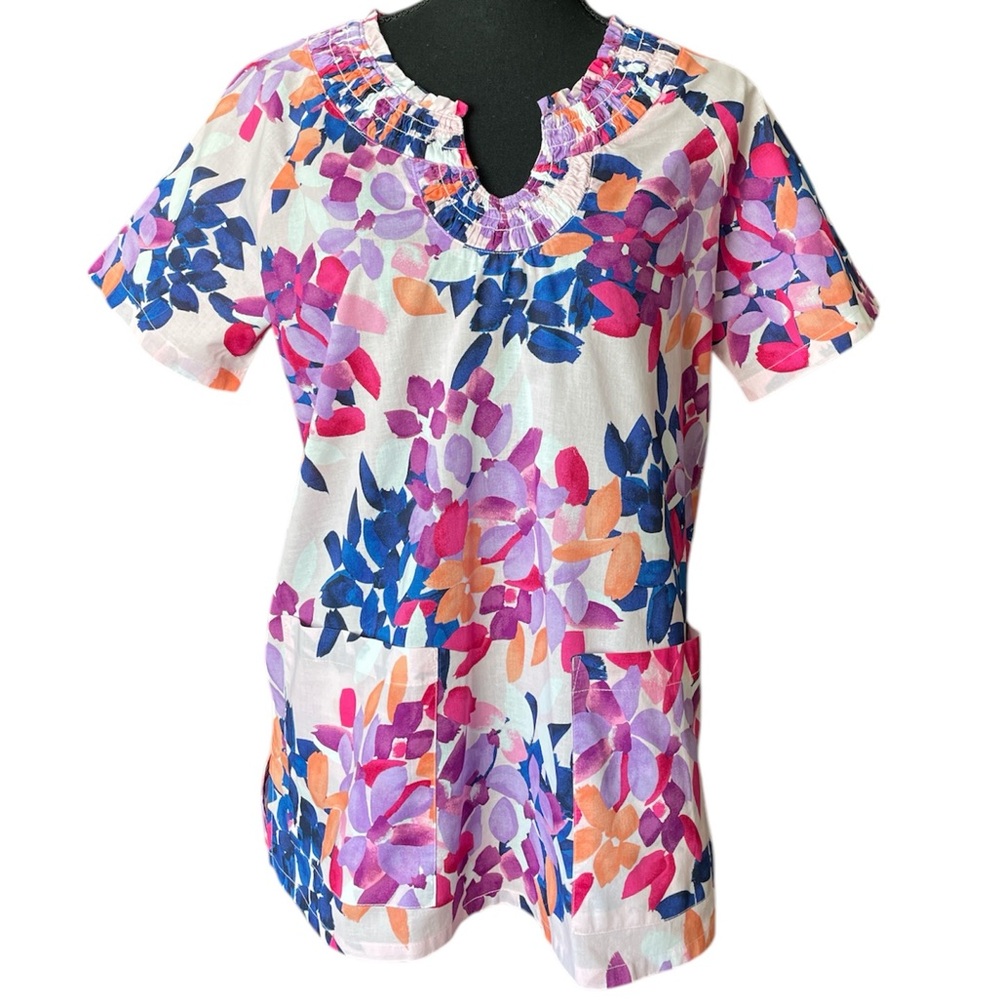 Koi Pink and Purple Ruched Uniform Scrub Top